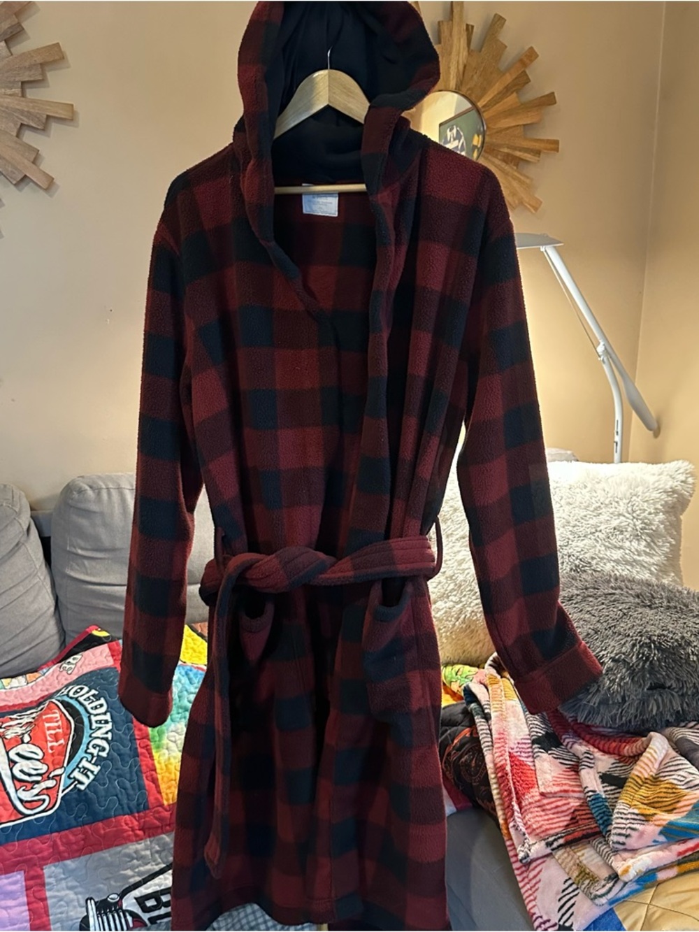 Abercrombie & Fitch Burgundy and Black Buffalo Plaid Hooded Fleece Robe